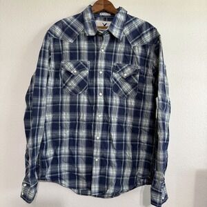 American Eagle Outfitters Western Shirt Men XL Blue Plaid Vintage Fit Pearl Snap